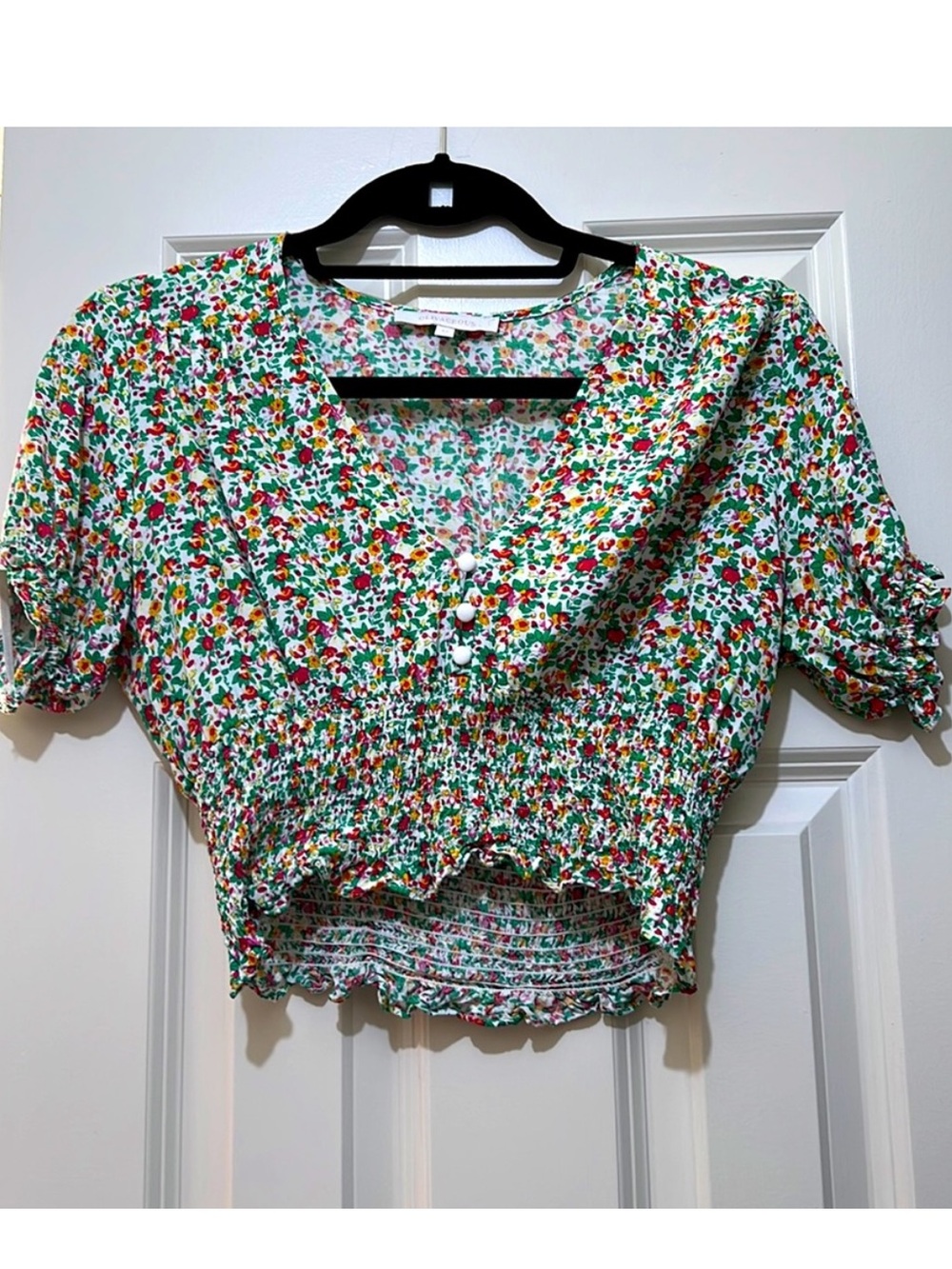Olivaceous White Floral Smocked Crop Top with Red & Green Accents